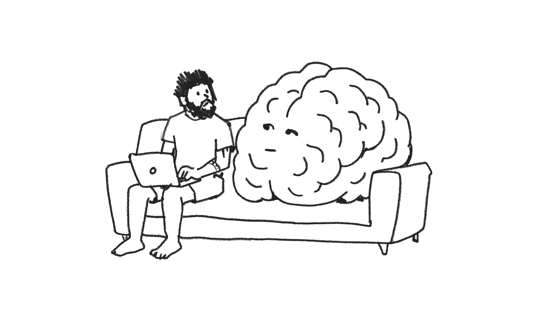 Hand-drawn person on a couch sitting beside a large friendly brain